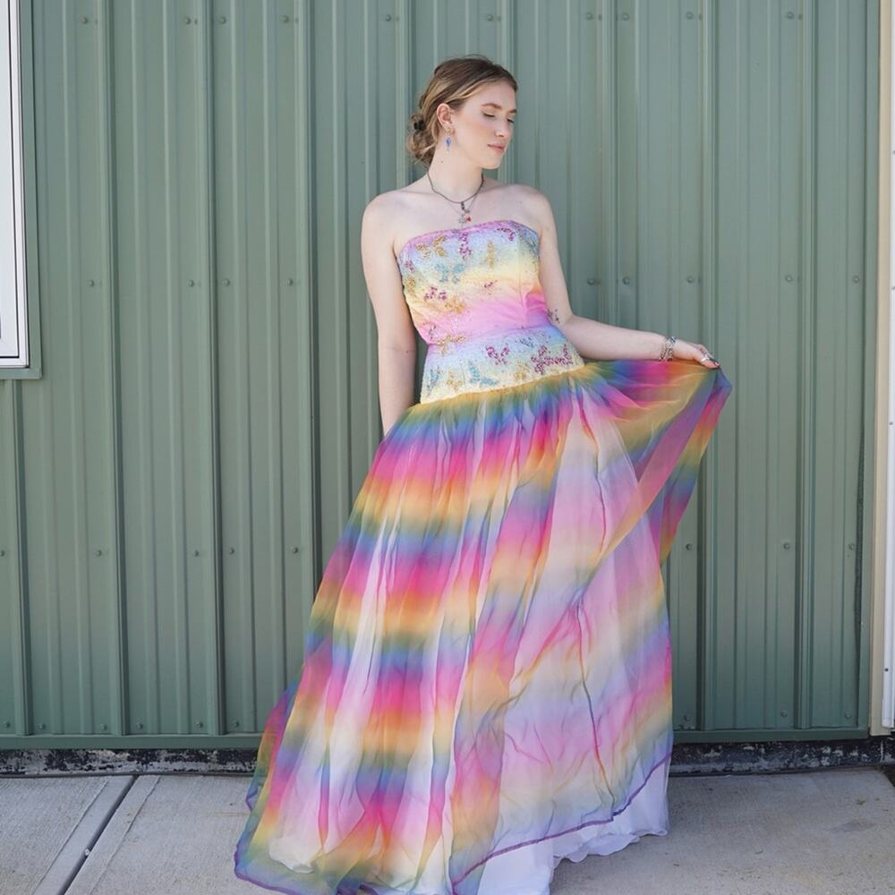 Vintage 90s precious formals rainbow tulle princess dress w/ butterfly 10